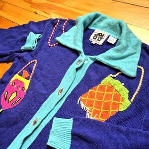 Storybook Knit Cardigan Sweater Womens S Blue Embroidered Granny Holiday Ugly